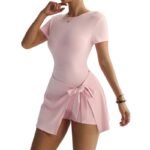 Pink Short‑Sleeve Bodysuit With Tie‑Wrap Skort Active Set