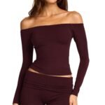 Burgundy Off‑Shoulder Long Sleeve Fitted Top