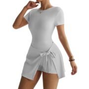 White Short‑Sleeve Tie‑Knot Skort Active Jumpsuit - Image 4