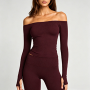 Burgundy Off‑Shoulder Long Sleeve Fitted Top - Image 3