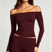 Burgundy Off‑Shoulder Long Sleeve Fitted Top - Image 4