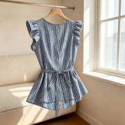 New summer cross-border women's clothing in blue and white stripes with V-neck in Europe and America - Image 3