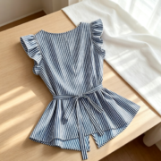 New summer cross-border women's clothing in blue and white stripes with V-neck in Europe and America - Image 4