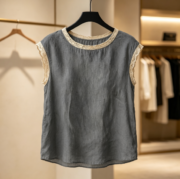 New Spring/Summer Cross-border European Women's Fashion: Loose, Solid Color, Round Neck, Lace Patchwork, Sleeveless Shirt - Image 4