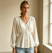 Cross-border Women's V-neck Buttoned Waist-Banded Lantern-Sleeved Flared Long-Sleeve Shirt - Image 2