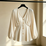 Cross-border Women's V-neck Buttoned Waist-Banded Lantern-Sleeved Flared Long-Sleeve Shirt - Image 3