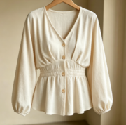 Cross-border Women's V-neck Buttoned Waist-Banded Lantern-Sleeved Flared Long-Sleeve Shirt - Image 4