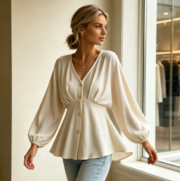 Cross-border Women's V-neck Buttoned Waist-Banded Lantern-Sleeved Flared Long-Sleeve Shirt - Image 5