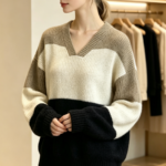 New Women's Autumn/Winter Fashion: Sweet Korean-style V-Neck, Lazy and Versatile, Color-Blocked, Simple Knitted Sweater