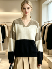 New Women's Autumn/Winter Fashion: Sweet Korean-style V-Neck, Lazy and Versatile, Color-Blocked, Simple Knitted Sweater - Image 2