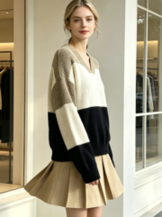 New Women's Autumn/Winter Fashion: Sweet Korean-style V-Neck, Lazy and Versatile, Color-Blocked, Simple Knitted Sweater - Image 3