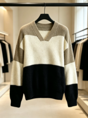New Women's Autumn/Winter Fashion: Sweet Korean-style V-Neck, Lazy and Versatile, Color-Blocked, Simple Knitted Sweater - Image 4