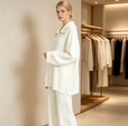 Cross-border zipper-up knitted sweater, new autumn/winter style, long-sleeved, wide-leg trousers set - Image 2