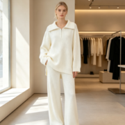 Cross-border zipper-up knitted sweater, new autumn/winter style, long-sleeved, wide-leg trousers set - Image 4