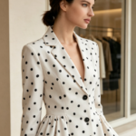 Cross-border Women's Polka Dot Printed Suit Jacket with Waist-Cinching Flared Lapel