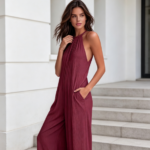 Cross-border Fashion Women's European and American Vacation Style - Burgundy Halter Backless Wide-leg Jumpsuit