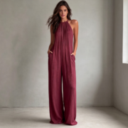 Cross-border Fashion Women's European and American Vacation Style - Burgundy Halter Backless Wide-leg Jumpsuit - Image 3
