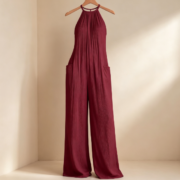 Cross-border Fashion Women's European and American Vacation Style - Burgundy Halter Backless Wide-leg Jumpsuit - Image 4