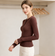 Women's Summer High-End Ribbed Knit Henley Top, Korean-style Versatile Slim Long-Sleeve - Image 2