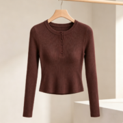 Women's Summer High-End Ribbed Knit Henley Top, Korean-style Versatile Slim Long-Sleeve - Image 4