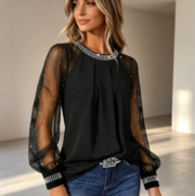 New European and American Women's Bling T-shirt with Long Sleeves