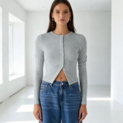 European and American women's clothing, new spring/summer collection: pure color, slimming fit, high-end style, long-sleeved buttoned cardigan top - Image 3