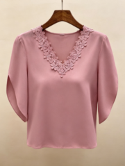 New Solid Color Lace V-neck Flared Sleeve Loose Shirt for Women - Image 3