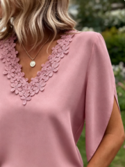 New Solid Color Lace V-neck Flared Sleeve Loose Shirt for Women - Image 4
