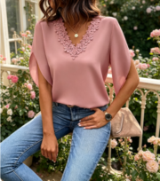 New Solid Color Lace V-neck Flared Sleeve Loose Shirt for Women - Image 5