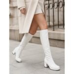 Women's White Patent Knee-High Platform Boots with Side Zipper - Vintage 70s Disco Style Chunky Heel Boots for Cosplay, Retro Fashion, and Events