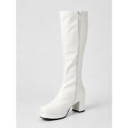 Women's White Patent Knee-High Platform Boots with Side Zipper - Vintage 70s Disco Style Chunky Heel Boots for Cosplay, Retro Fashion, and Events - Image 2