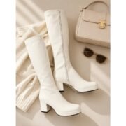 Women's White Patent Knee-High Platform Boots with Side Zipper - Vintage 70s Disco Style Chunky Heel Boots for Cosplay, Retro Fashion, and Events - Image 4