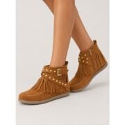Women's Brown Faux Suede Fringe Ankle Boots, Studded Buckle Side-Zip Flat Moccasin Booties for Boho Cowgirl Fans, Festivals, Travel & Fall Casual Wear