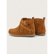 Women's Brown Faux Suede Fringe Ankle Boots, Studded Buckle Side-Zip Flat Moccasin Booties for Boho Cowgirl Fans, Festivals, Travel & Fall Casual Wear - Image 2