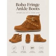 Women's Brown Faux Suede Fringe Ankle Boots, Studded Buckle Side-Zip Flat Moccasin Booties for Boho Cowgirl Fans, Festivals, Travel & Fall Casual Wear - Image 4