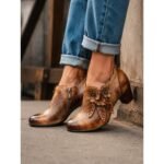 Women's Brown Faux Leather Ankle Boots with Floral Appliqué, Side Zip, Almond Toe and Chunky Block Heel, Vintage Boho Booties for Women's Casual Fall Everyday Wear