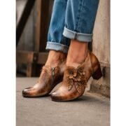 Women's Brown Faux Leather Ankle Boots with Floral Appliqué, Side Zip, Almond Toe and Chunky Block Heel, Vintage Boho Booties for Women's Casual Fall Everyday Wear