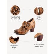 Women's Brown Faux Leather Ankle Boots with Floral Appliqué, Side Zip, Almond Toe and Chunky Block Heel, Vintage Boho Booties for Women's Casual Fall Everyday Wear - Image 2
