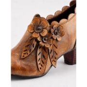 Women's Brown Faux Leather Ankle Boots with Floral Appliqué, Side Zip, Almond Toe and Chunky Block Heel, Vintage Boho Booties for Women's Casual Fall Everyday Wear - Image 5