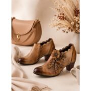 Women's Brown Faux Leather Ankle Boots with Floral Appliqué, Side Zip, Almond Toe and Chunky Block Heel, Vintage Boho Booties for Women's Casual Fall Everyday Wear - Image 3