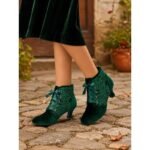 Women's Green Velvet Lace-Up Ankle Boots with Floral Lace Panels, Satin Ribbon Laces, Round Toe and Kitten Heel for Vintage Parties, Weddings and Dressy Events