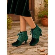 Women's Green Velvet Lace-Up Ankle Boots with Floral Lace Panels, Satin Ribbon Laces, Round Toe and Kitten Heel for Vintage Parties, Weddings and Dressy Events