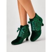 Women's Green Velvet Lace-Up Ankle Boots with Floral Lace Panels, Satin Ribbon Laces, Round Toe and Kitten Heel for Vintage Parties, Weddings and Dressy Events - Image 2