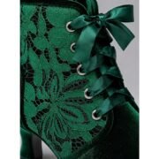 Women's Green Velvet Lace-Up Ankle Boots with Floral Lace Panels, Satin Ribbon Laces, Round Toe and Kitten Heel for Vintage Parties, Weddings and Dressy Events - Image 3