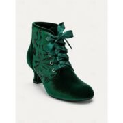 Women's Green Velvet Lace-Up Ankle Boots with Floral Lace Panels, Satin Ribbon Laces, Round Toe and Kitten Heel for Vintage Parties, Weddings and Dressy Events - Image 4