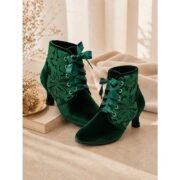 Women's Green Velvet Lace-Up Ankle Boots with Floral Lace Panels, Satin Ribbon Laces, Round Toe and Kitten Heel for Vintage Parties, Weddings and Dressy Events - Image 5