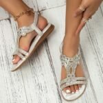 Women's Rhinestone Embellished Silver Sandals – Elegant Summer Flats for Beach, Weddings, and Casual Wear