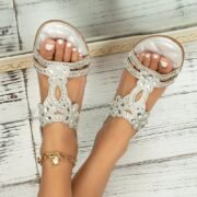 Women's Rhinestone Embellished Silver Sandals – Elegant Summer Flats for Beach, Weddings, and Casual Wear - Image 2