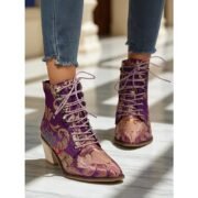 Women's Purple Jacquard Lace-Up Ankle Boots with Floral Embroidery and Low Block Heel - Baroque Vintage Style Boots for Ladies, Perfect for Festivals, Gatsby Parties
