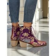 Women's Purple Jacquard Lace-Up Ankle Boots with Floral Embroidery and Low Block Heel - Baroque Vintage Style Boots for Ladies, Perfect for Festivals, Gatsby Parties - Image 2